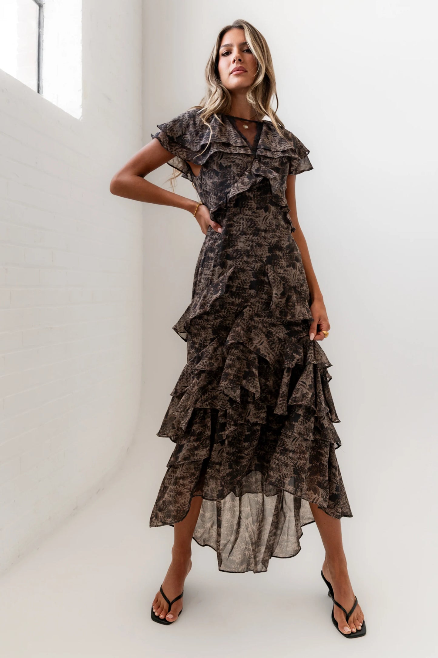 James Ruffle Maxi Dress in Grey