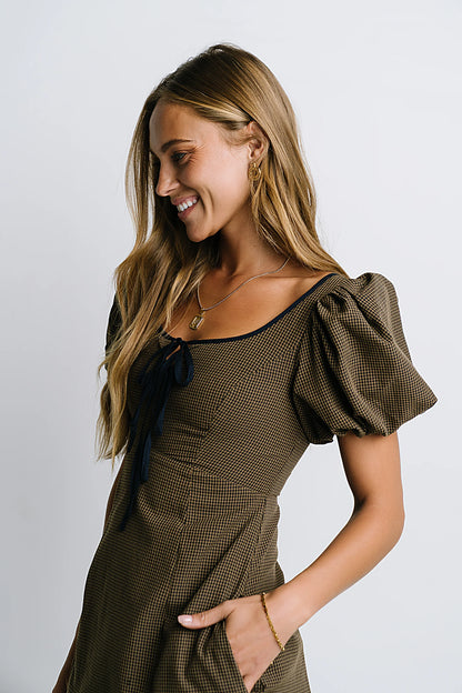 Elle Gingham Midi Dress in Brown FINAL SALE