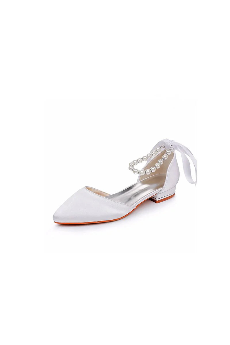 Satin Beaded Ribbon Low Heels Bridal Shoes