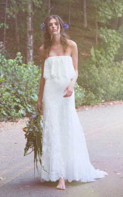 Off Shoulder Long Mermaid Lace Boho Wedding Dress With Ruffles