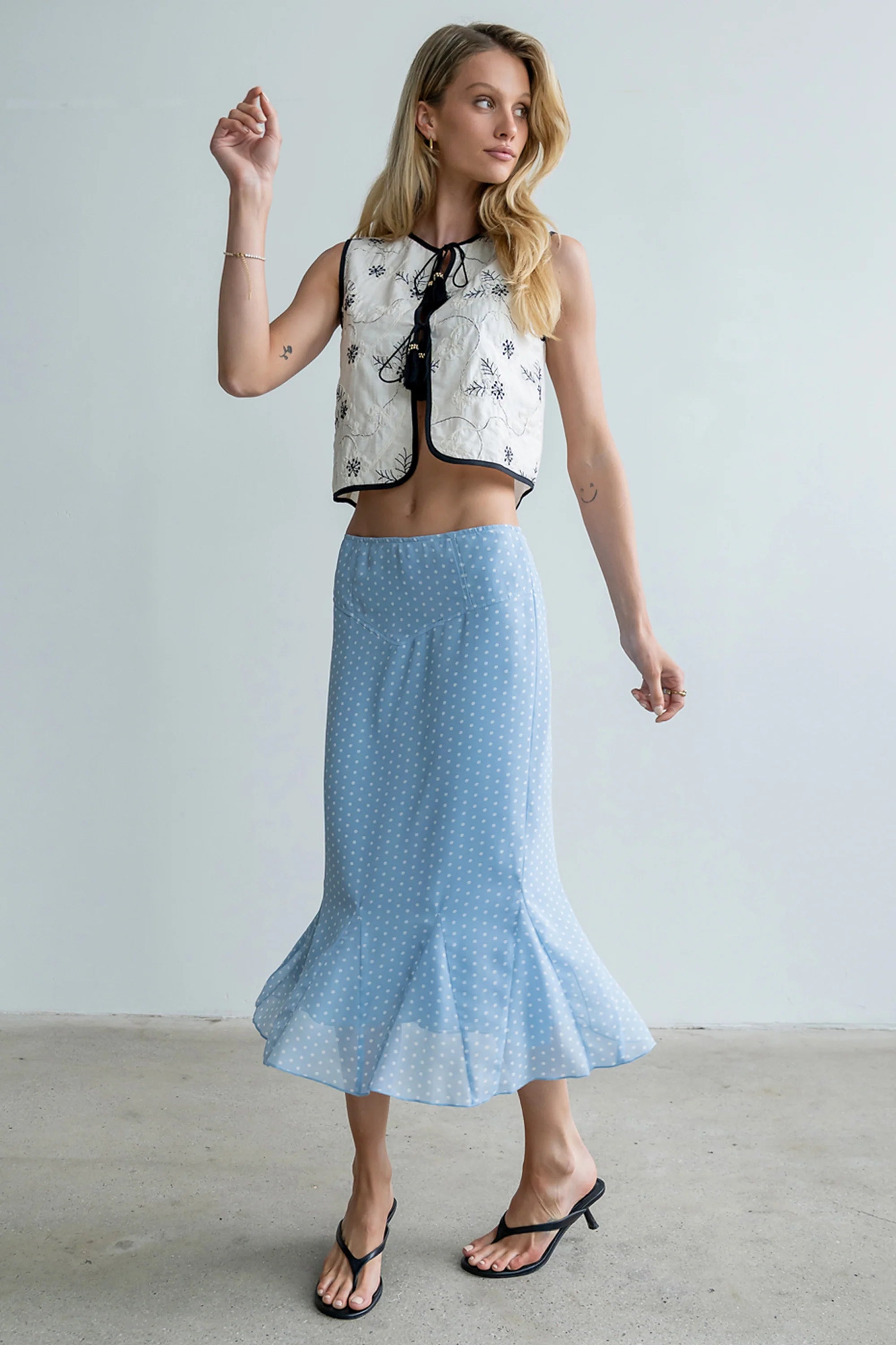 Gigi Polka Dot Midi Skirt in Blue
