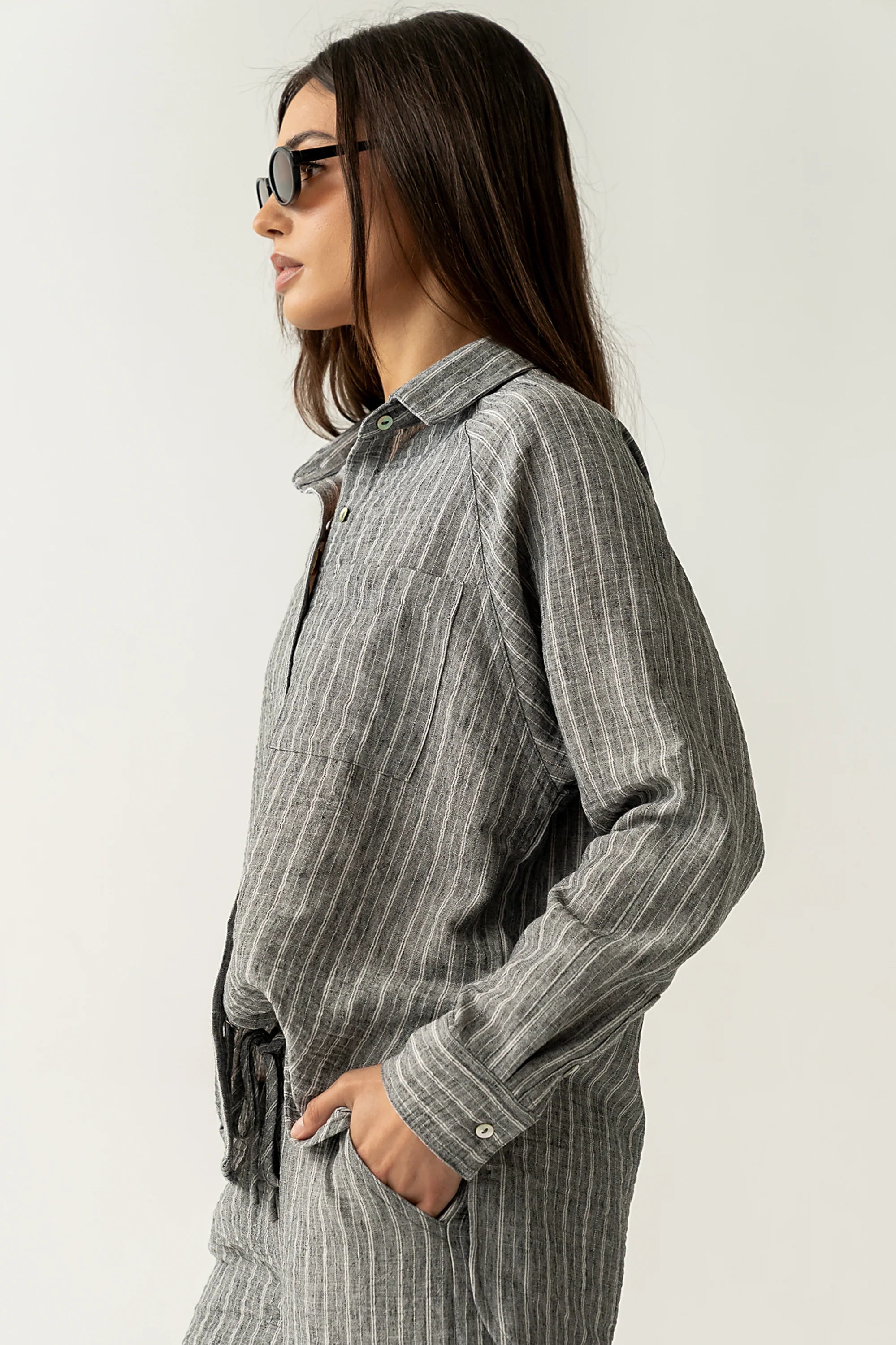 Conner Striped Button Down Top in Black