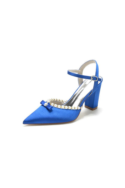 Pearl Pointed Toe Ankle Strap Chunky Heels With Bow