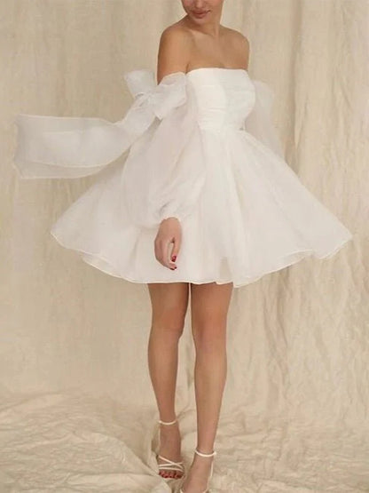 A Line Puff Long Sleeves Short Wedding Dresses With Bows