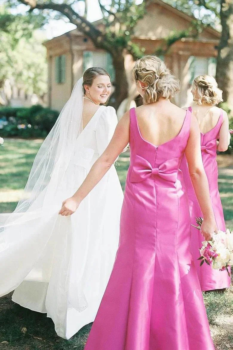 Sheath Square Neck Fuchsia Satin Bridesmaid Dresses with Bow