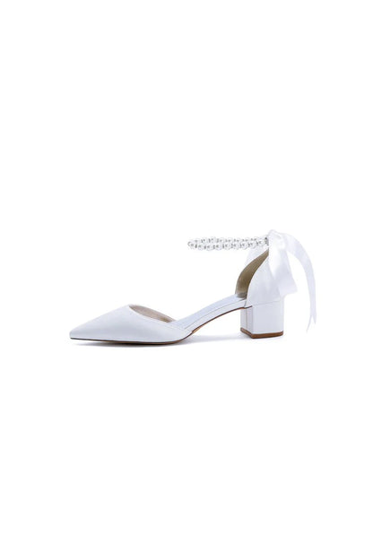 Pointed Toe Satin Pearl Ankle Strap Block Heels With Ribbon Tie