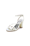 White Open Toe Ankle Strap Chunky Heels with Rhinestone Flower