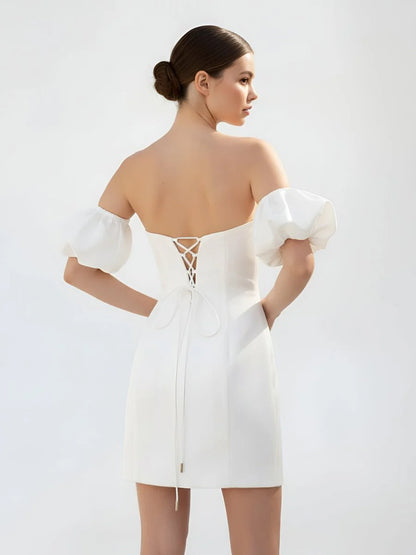 Short Satin White Wedding Dress Strapless Off the Shoulder