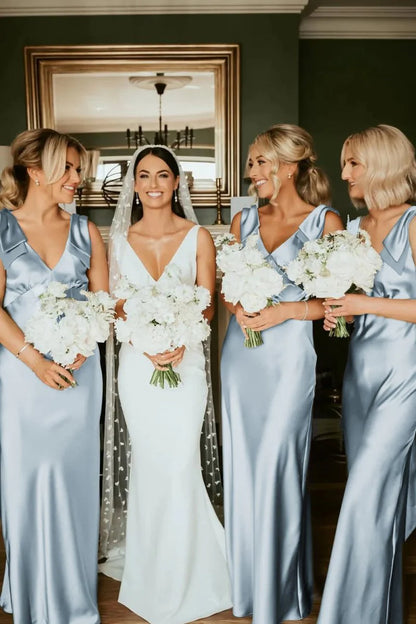 Sheath V Neck Sage Green Silk Satin Bridesmaid Dress with Bow