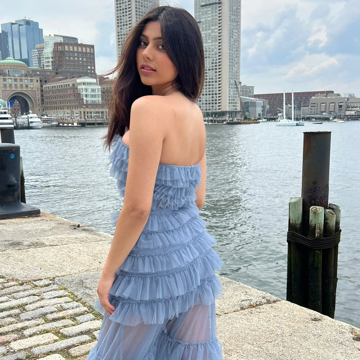 Georgia Maxi Dress Smoky Blue Ruffle Tulle Dress With Sheer Detail