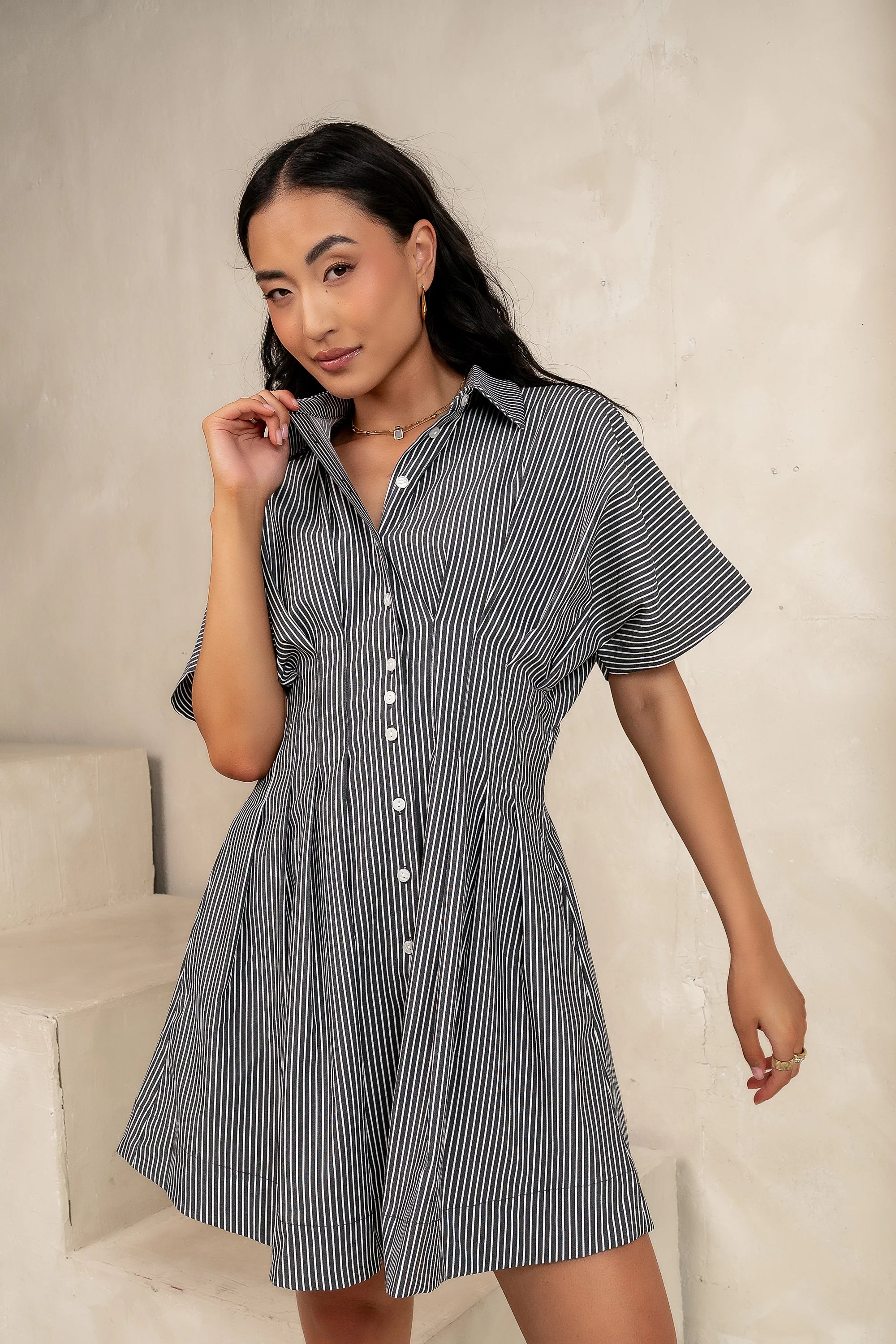 Erica Button Front Mini Dress in Grey FINAL SALE