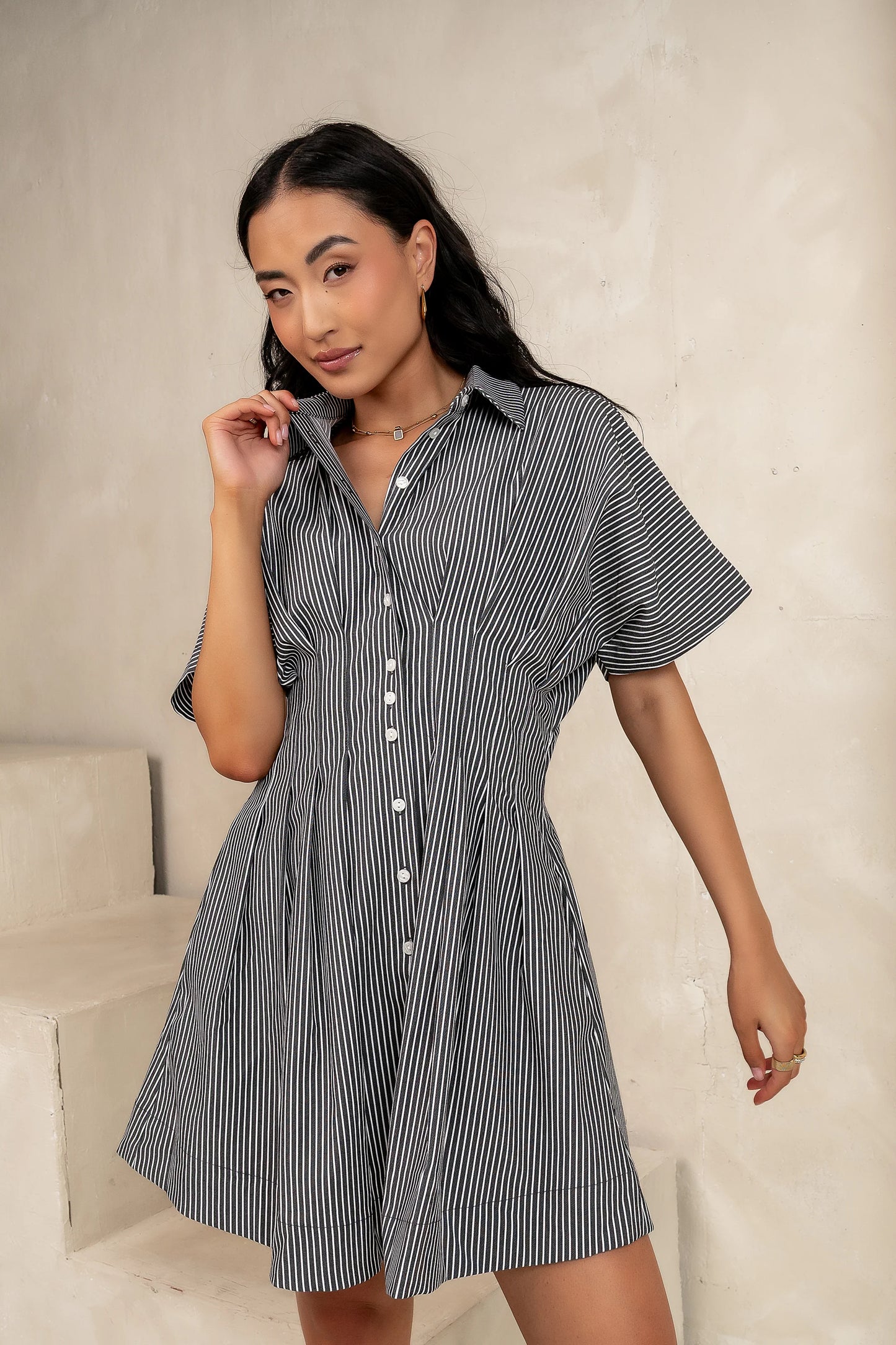 Erica Button Front Mini Dress in Grey FINAL SALE