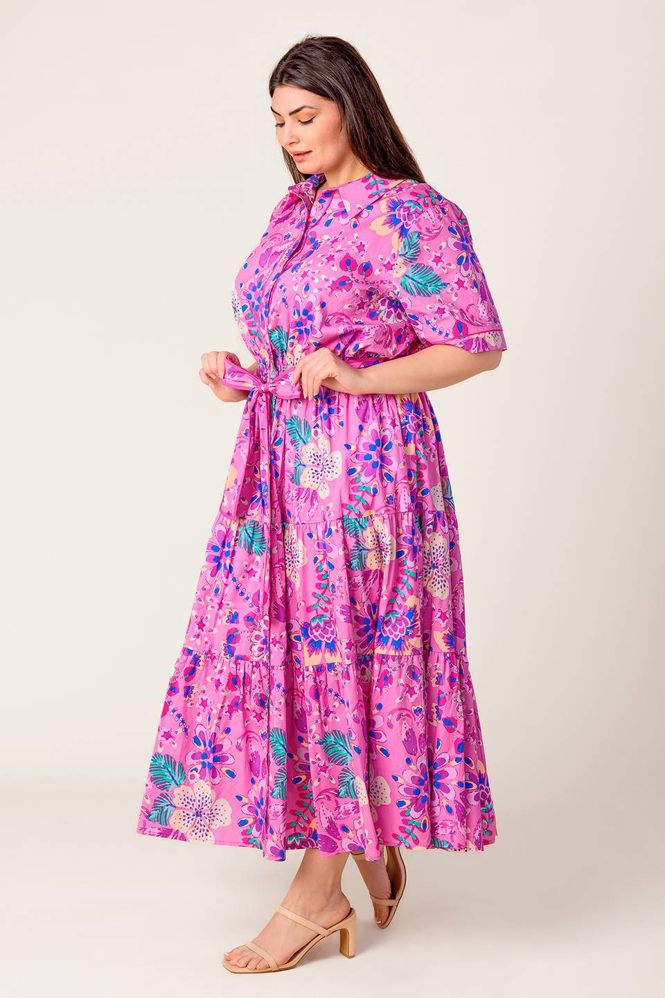 PETAL PRESS PINK PURPLE FLORAL MIDI DRESS