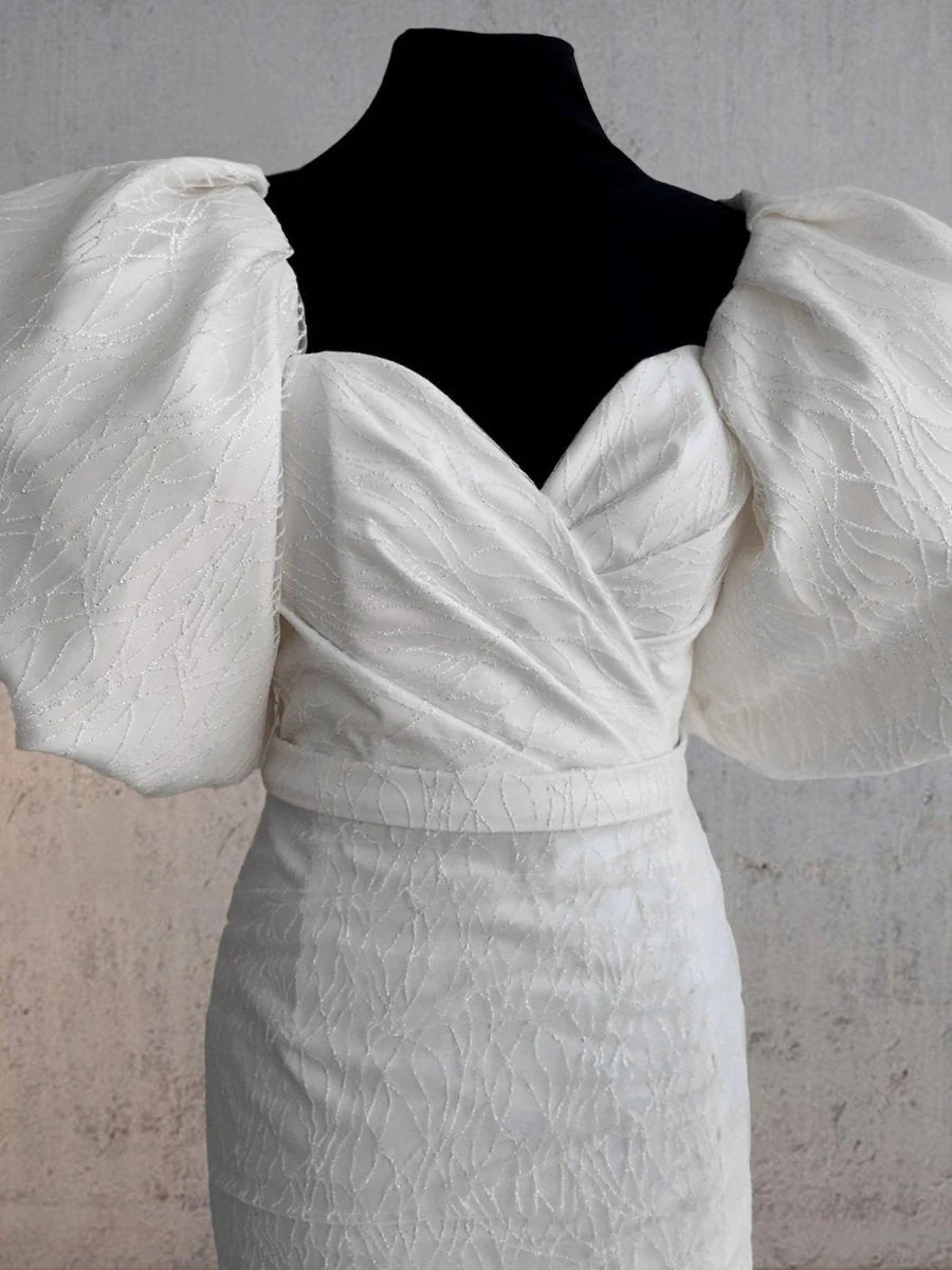Sheath White Puff Sleeves Short V Neck Wedding Dress