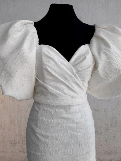 Sheath White Puff Sleeves Short V Neck Wedding Dress