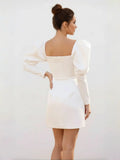 White Satin Short Wedding Dress with Puff Sleeves