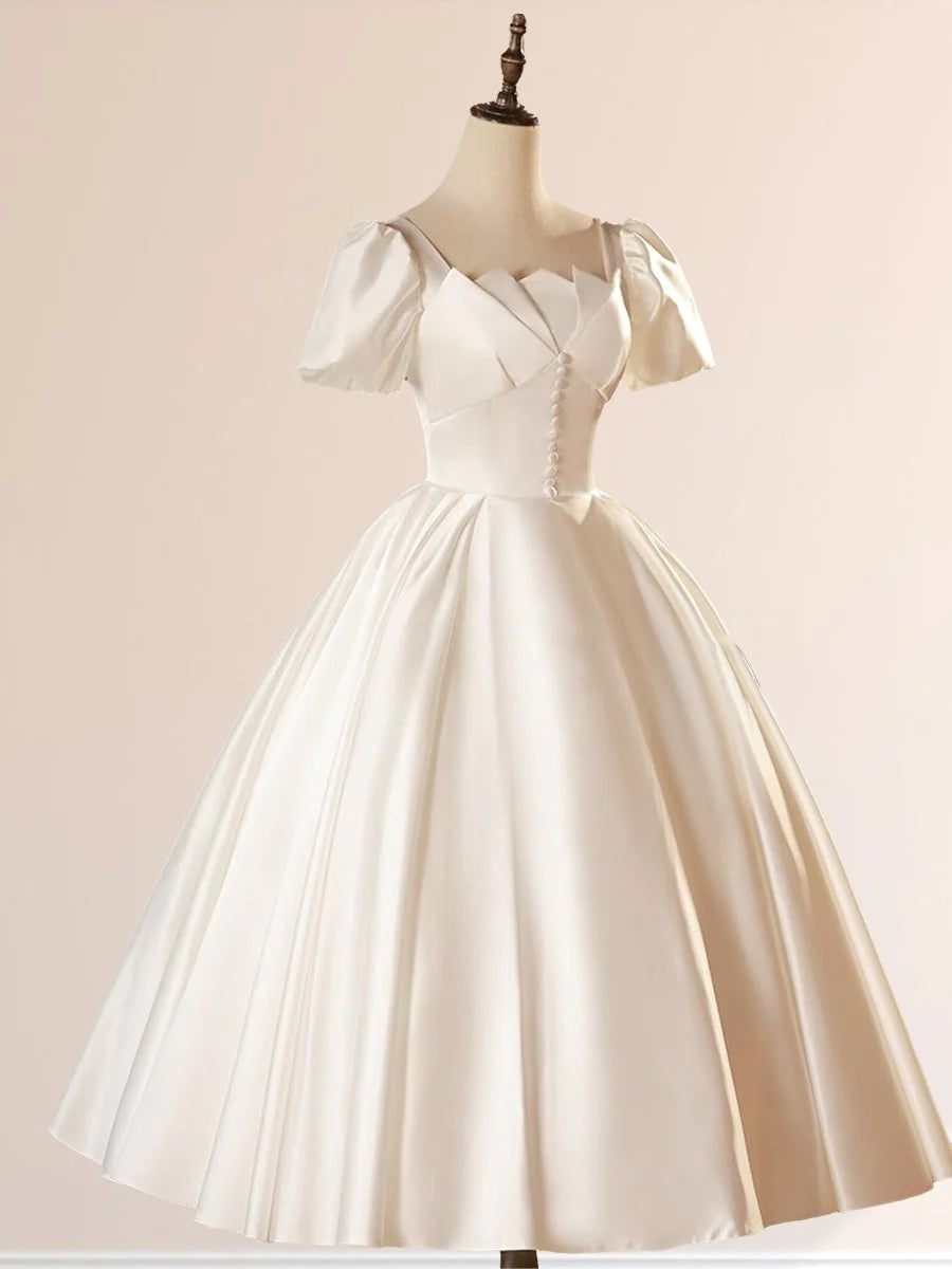 White Satin Square Neck Short Sleeve Lace Up Wedding Dress