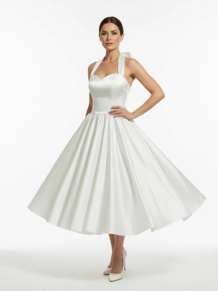 White A Line Halter Sleeveless Tea Length Satin Bridal Gowns With Bows Pleats