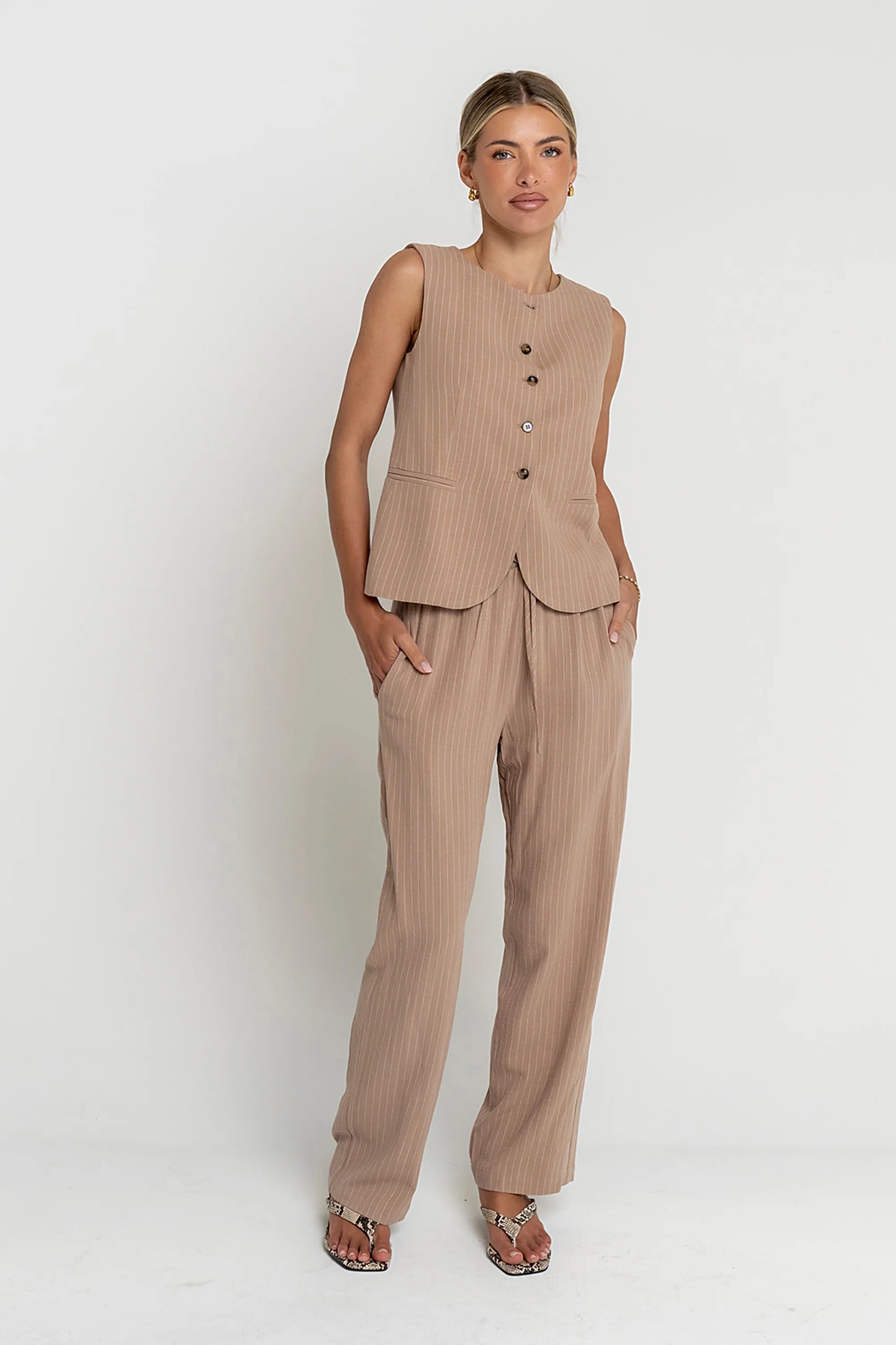 Vivienne Pinstripe Sleeveless Vest in Tan