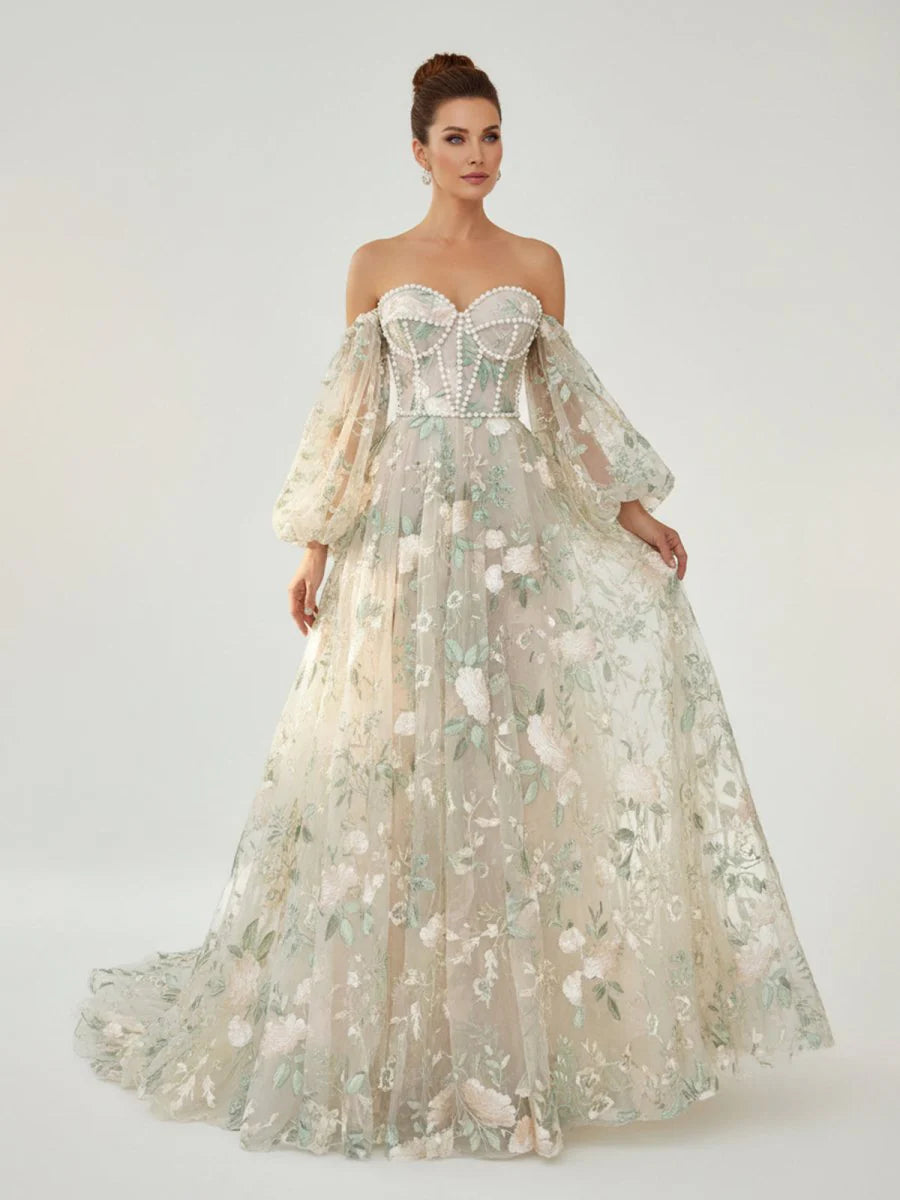 A Line Light Green Sweetheart Pearl Wedding Dress