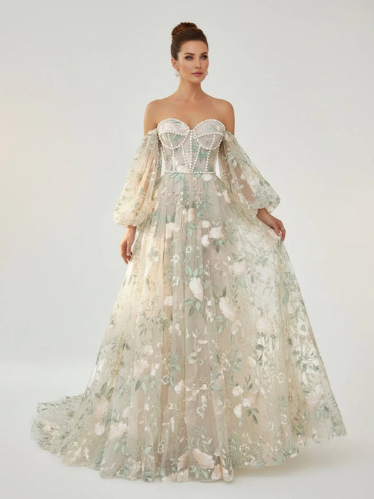 A Line Light Green Sweetheart Pearl Wedding Dress