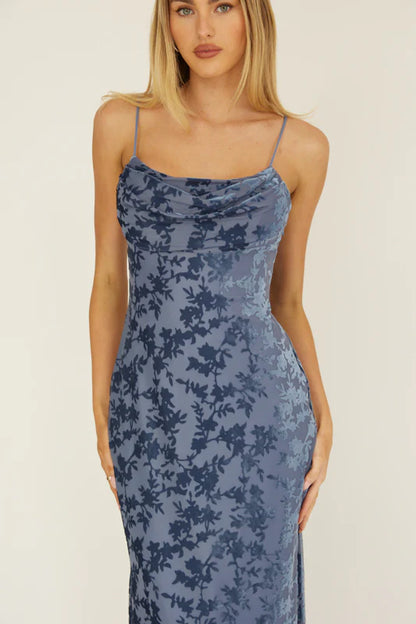 MEREDITH MAXI SLATE BLUE FLORAL BURNOUT DRESS