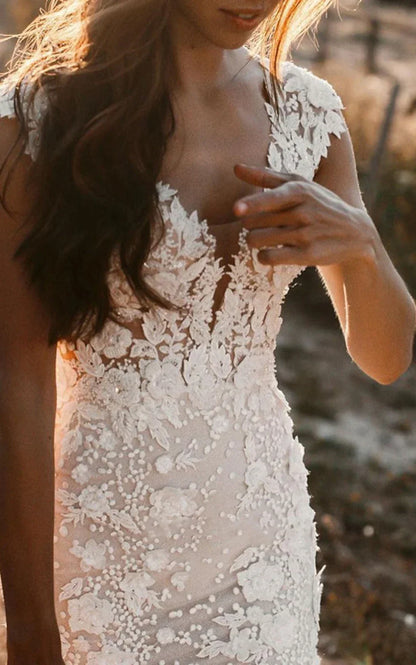 Boho Mermaid Wedding Dress Floral V neck Casual Gown with Open Back and Lace Appliques
