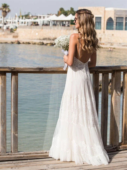 Simple A Line V Neck Sleeveless Spaghetti Straps Beach Wedding Dresses
