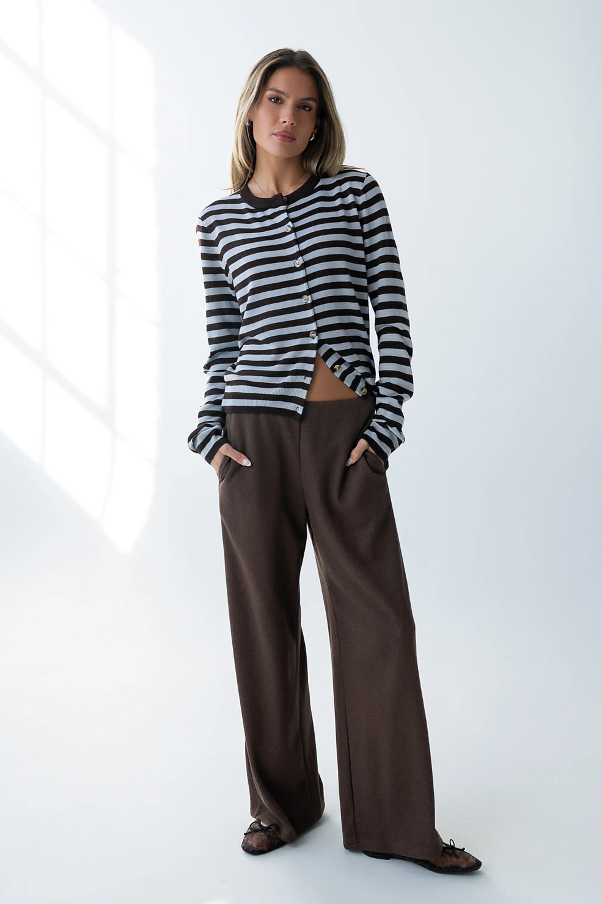 Ronda Ribbed Wide Leg Pants in Brown