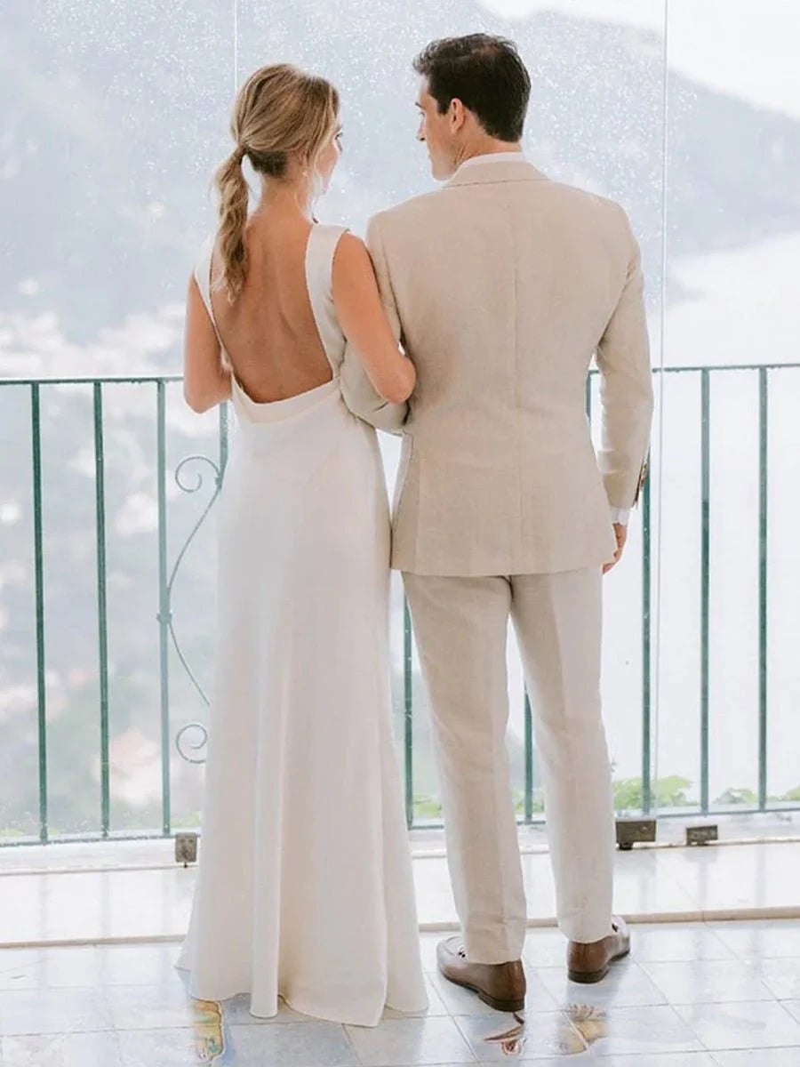 Sheath High Bateau Neck Backless Silk Satin Wedding Dress