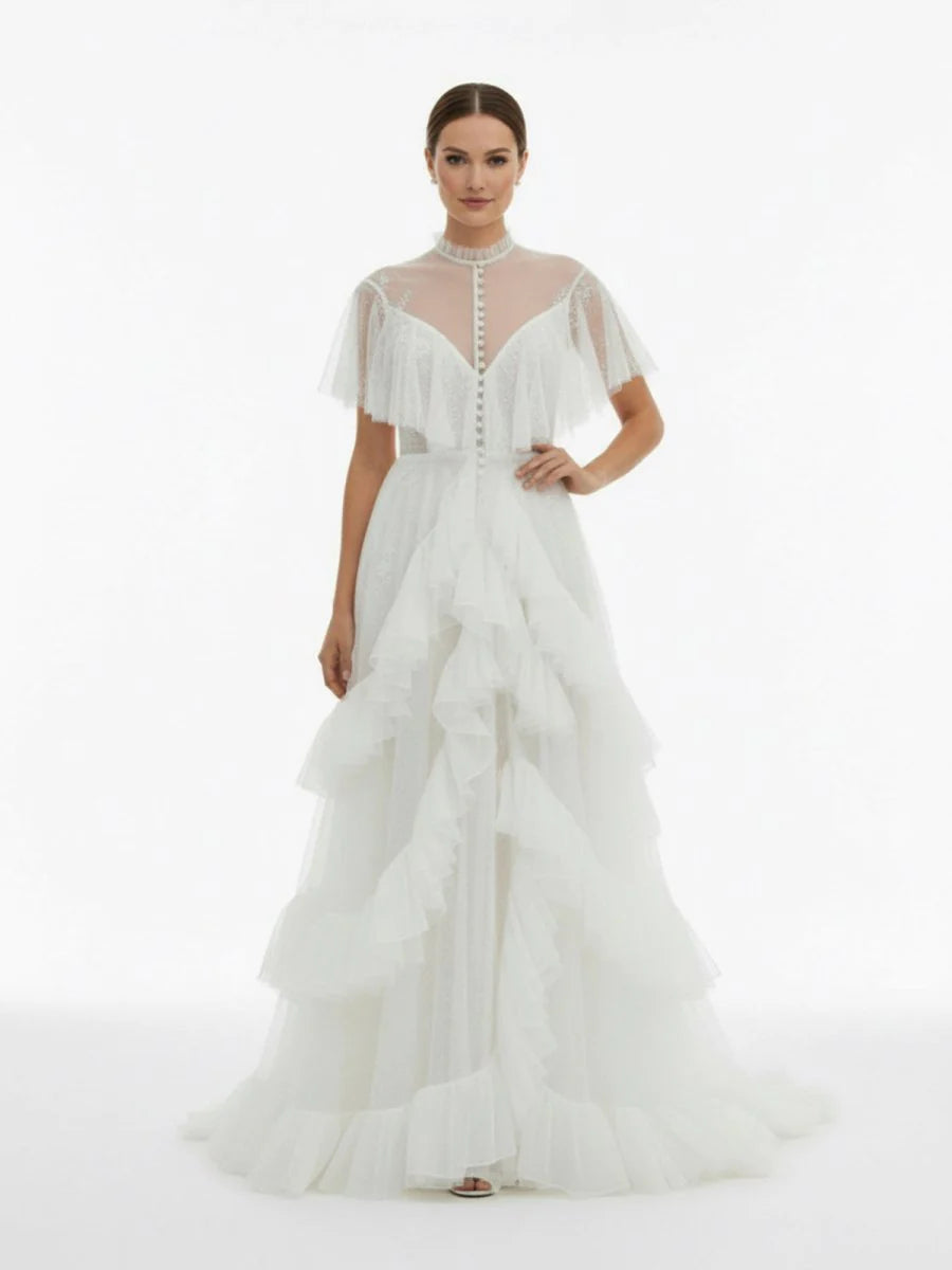 High Split A Line See through Short Sleeves Ruffle Tulle Wedding Dresses