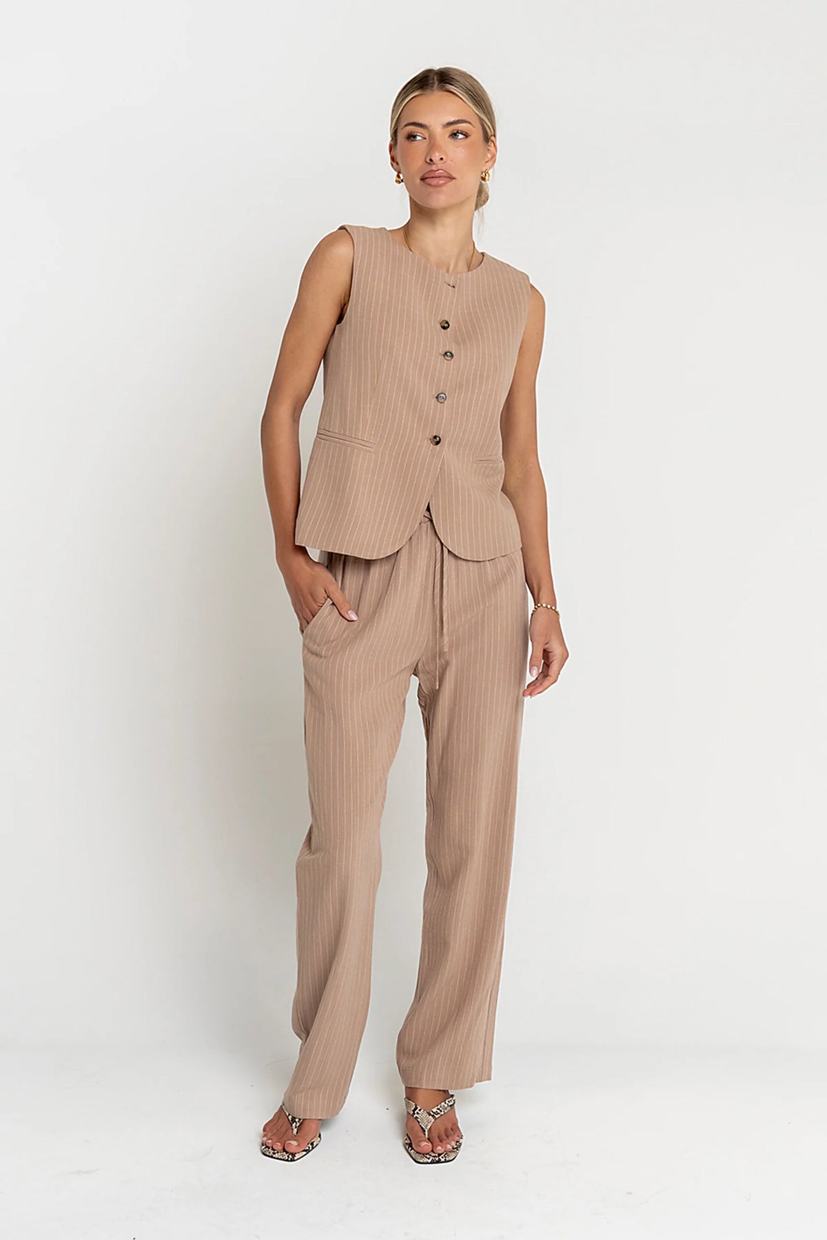 Vivienne Pinstripe Sleeveless Vest in Tan