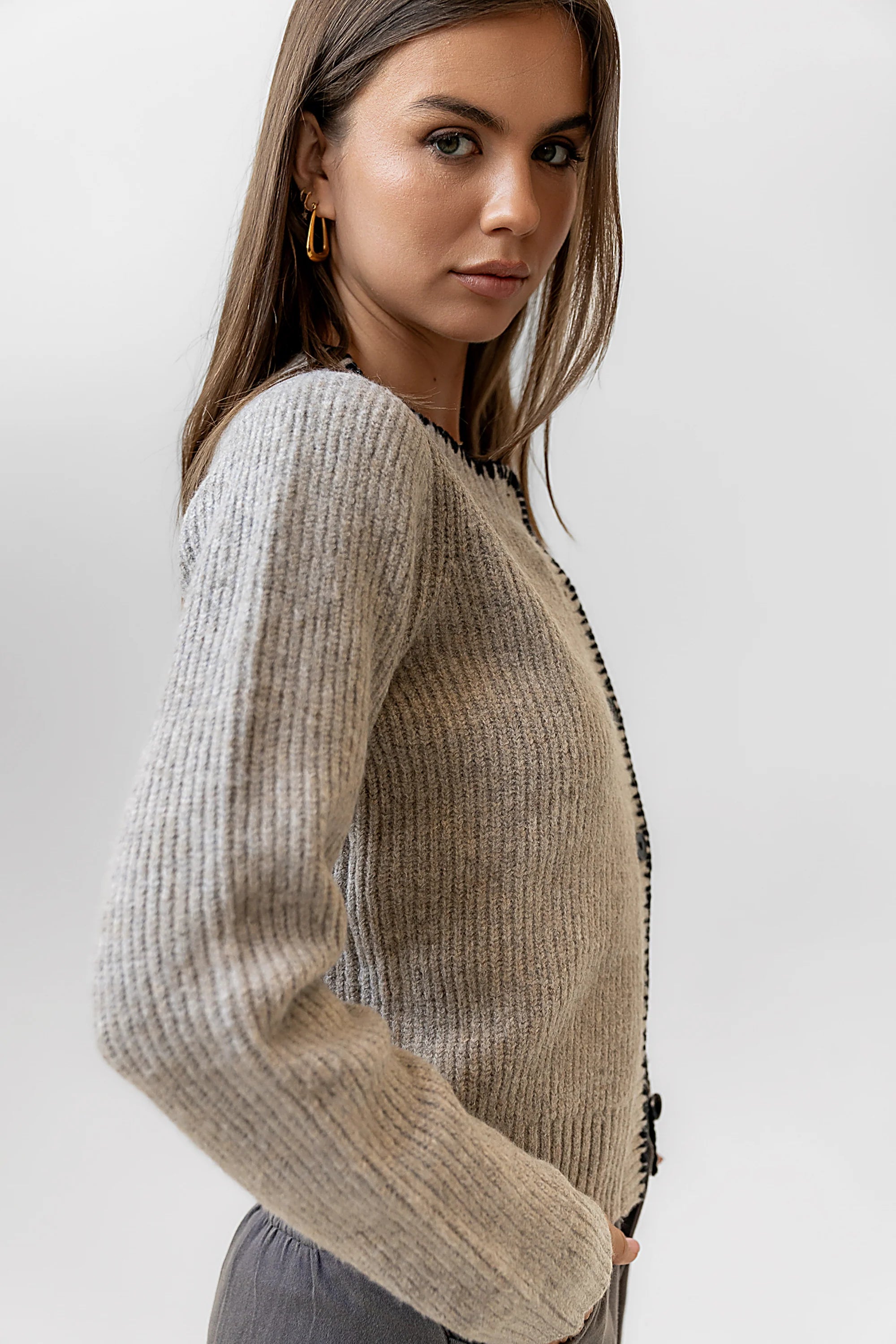 Darren Contrast Cardigan in Taupe