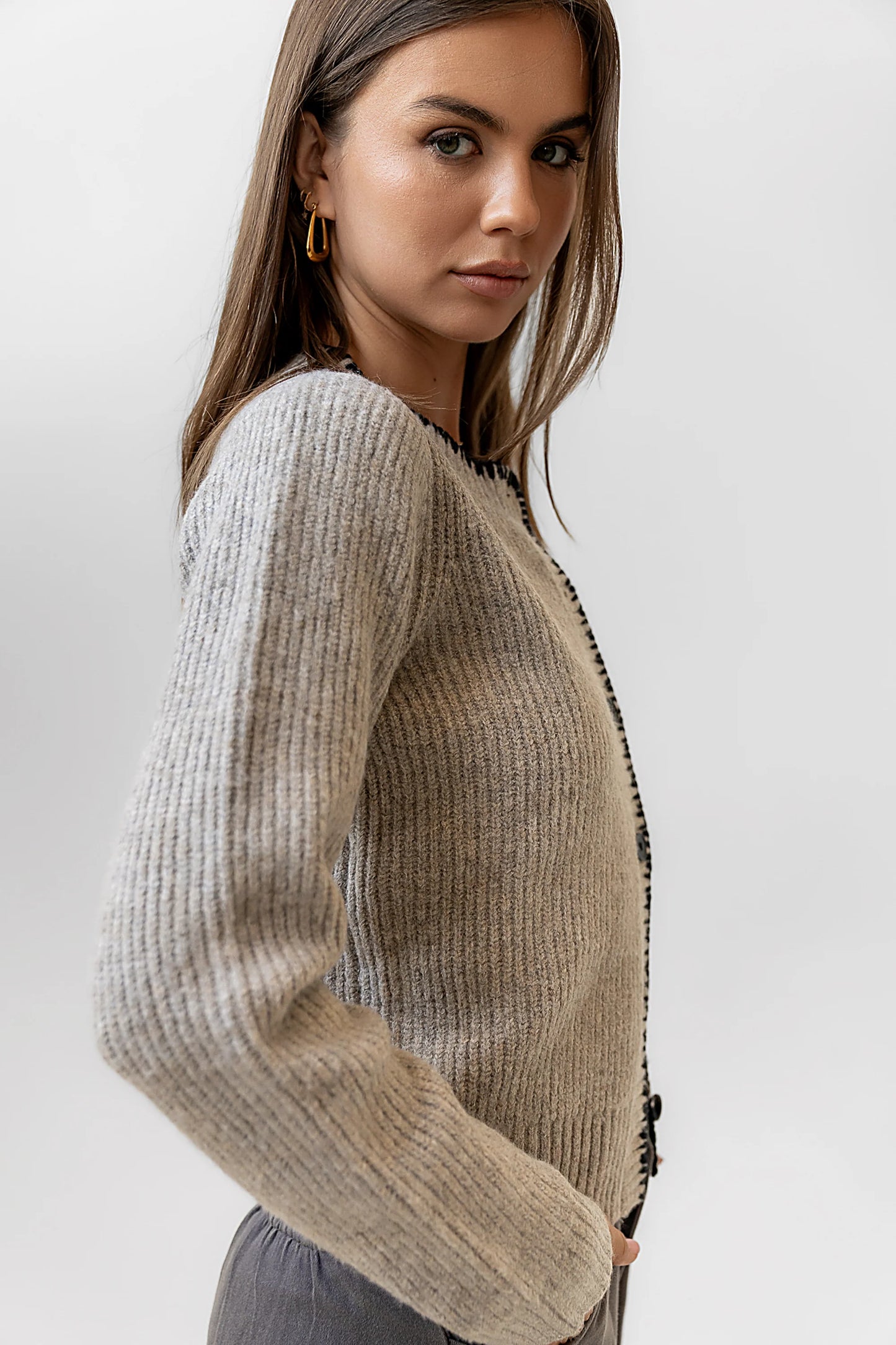 Darren Contrast Cardigan in Taupe