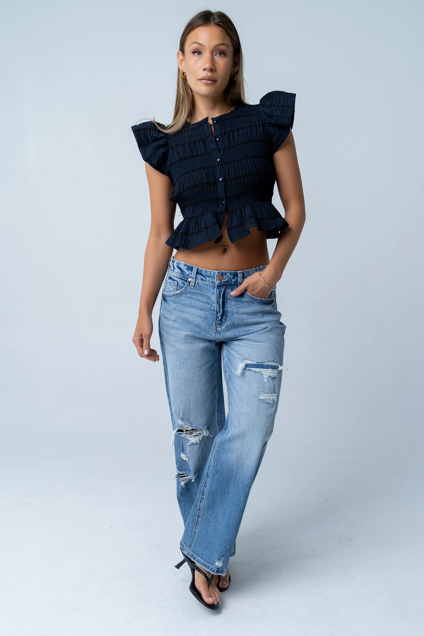 Holly Smocked Blouse in Navy