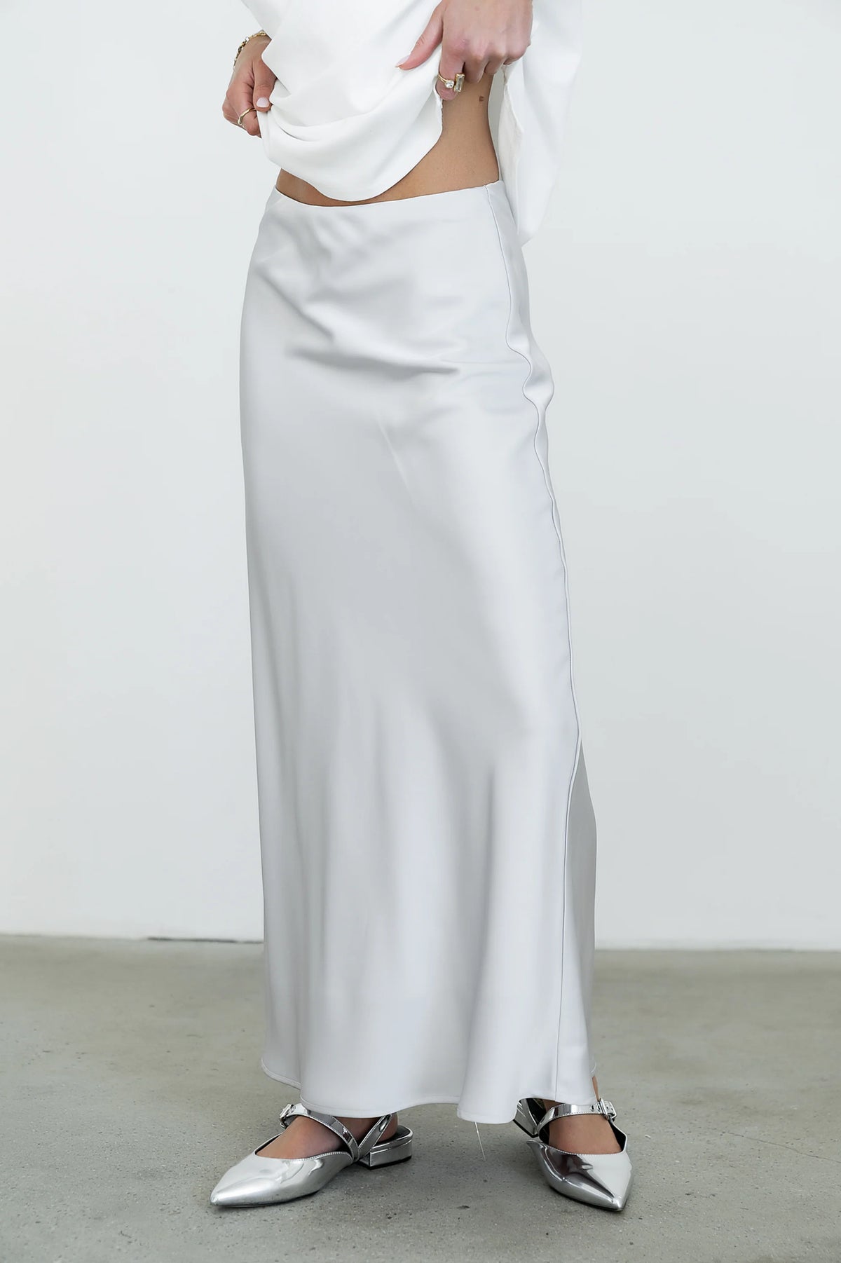 Tory Satin Maxi Skirt in Silver