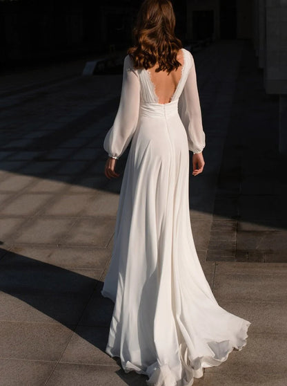 Boho A Line White V Neck Long Sleeve Wedding Dress