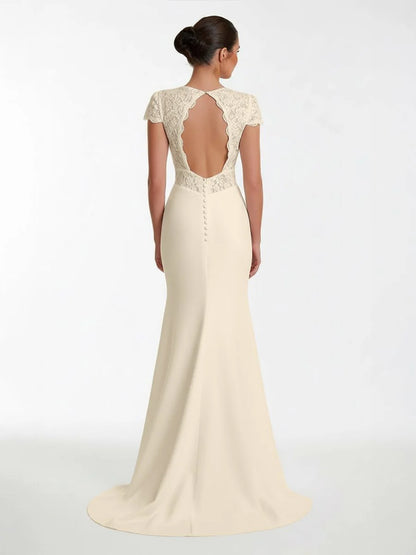 Modest Simple Sheath Short Sleeve Empire Floor Length Sweep Train Chiffon V neck Wedding Dress