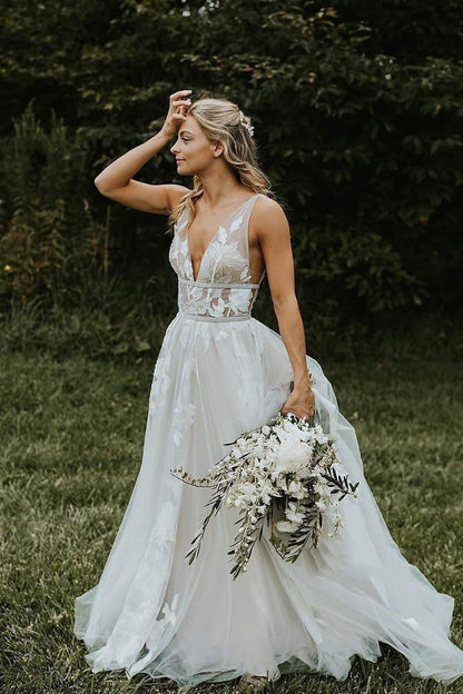 Marvelous V neck A Line Wedding Dress Tulle Appliques Rustic Wedding Dress
