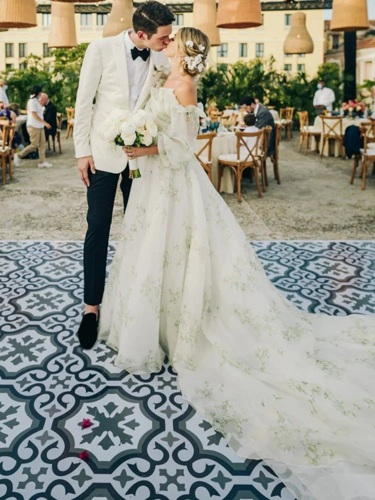 A Line Floral Appliqued Majesty Bridal Wedding Dress with Ruffles
