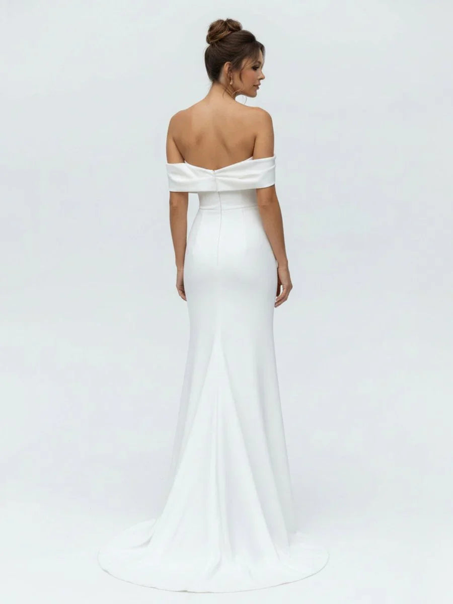 Mermaid Satin Off the Shoulder Sheath Wedding Dress with Zipper and Slit
