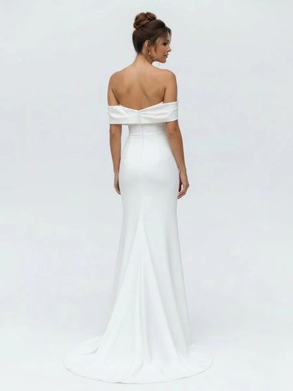 Mermaid Satin Off the Shoulder Sheath Wedding Dress with Zipper and Slit