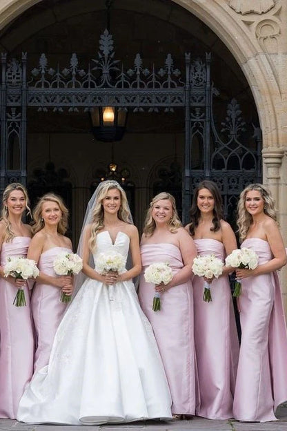 Strapless Pink Scoop Pleated Satin Long Bridesmaid Dress With Big Bow