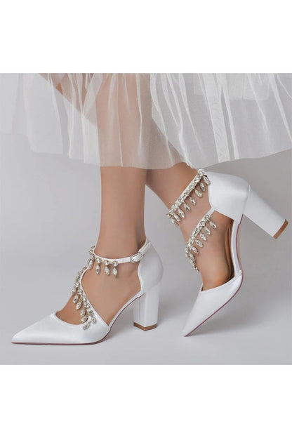 White High Heels with Chain and Crystal Accent