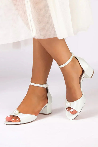Satin Low Heel Sandals with Pearl Accent and Ankle Strap