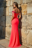 Coral Mermaid One Shoulder Beaded Long Prom Dress with Slit