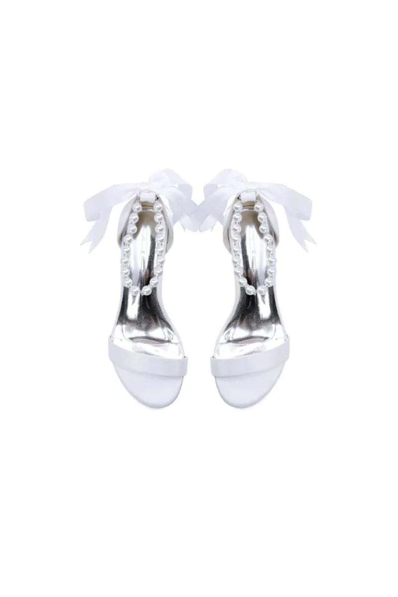 Block Heel Sandal Adorned with Pearl Ankle Band and Ribbon Bow