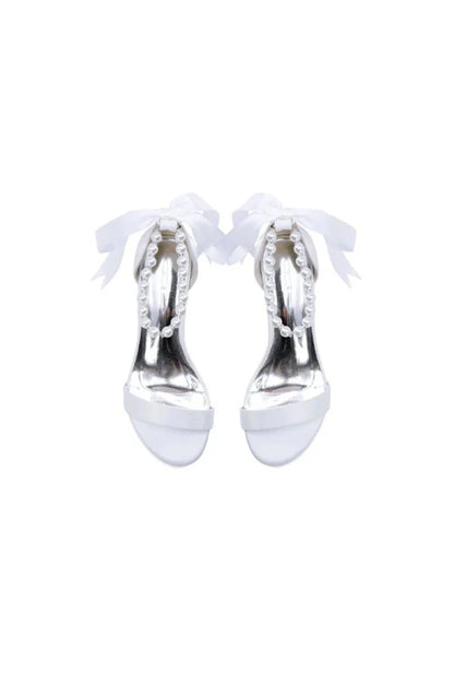 Block Heel Sandal Adorned with Pearl Ankle Band and Ribbon Bow