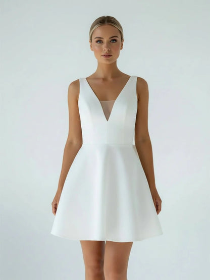 A Line White Satin V Neck Short Wedding Dress with Bow