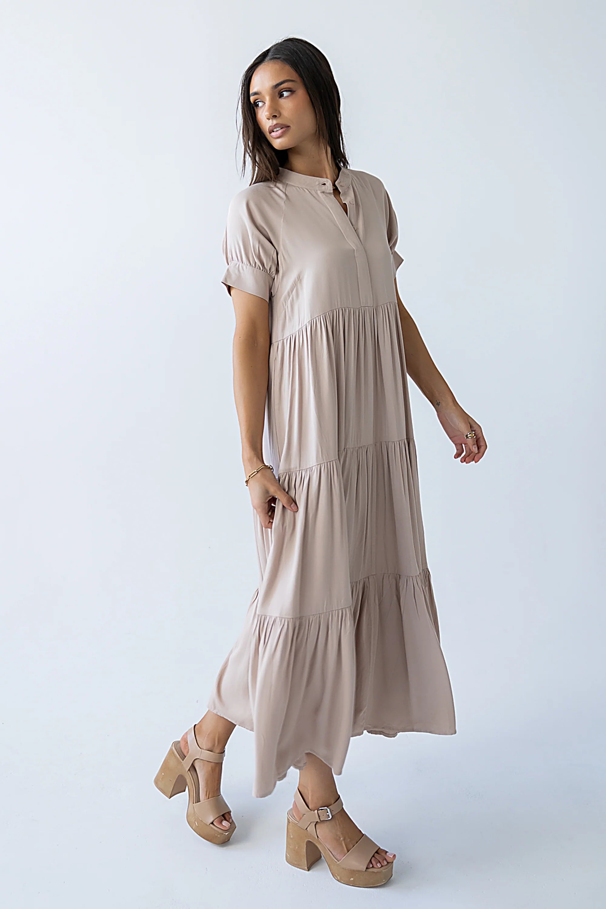 Amanda Tiered Dress in Tan